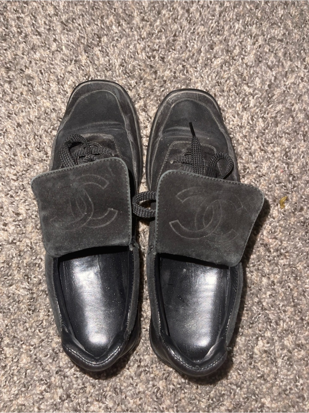 CHANEL Men’s Black Suede CC Logo Lace-Up Sneakers